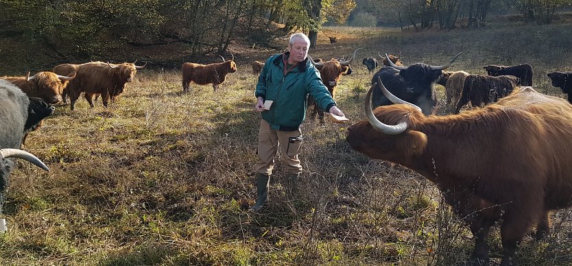 Meyk Forst mit der Herde Schottisches Hochlandrind auf einer Weide in der Rüdigsdorfer Schweiz. (Foto: Kurt Frank)