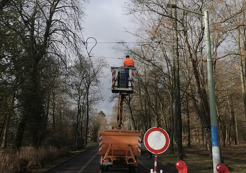 Reparatur der gerissenen Oberleitung in der Leimbacher Straße (Foto: Verkehrsbetriebe Nordhausen)