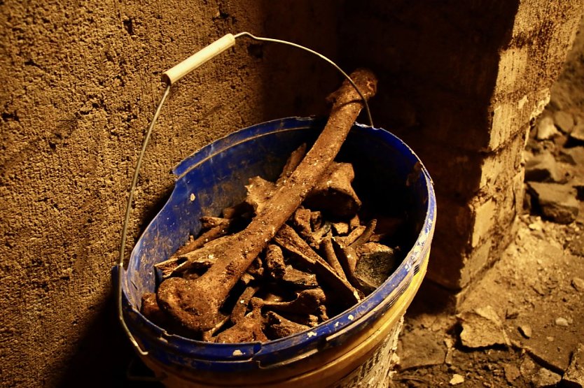 In den Erdhaufen fanden sich auch Knochen - zum verfüllen wurde scheinbar der Aushub aus Friedhofserde verwendet (Foto: agl)