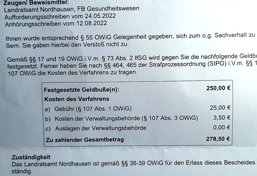 Auszug aus dem Bußgeldbescheid des Landratsamtes: 278 Euro sollen die Betroffenen 141 Personen zahlen (Foto: privat)