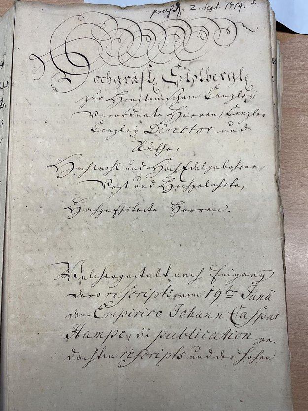 Gräfliche Archivakte von 1754 (Foto: Tim Schäfer)