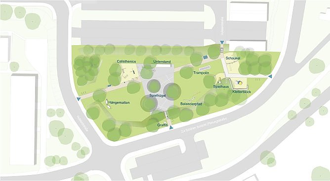 Die Planungszeichnung für den Spielplatz in Nord, inklusive geplanter Begrünung (Foto: Stadt Nordhausen)