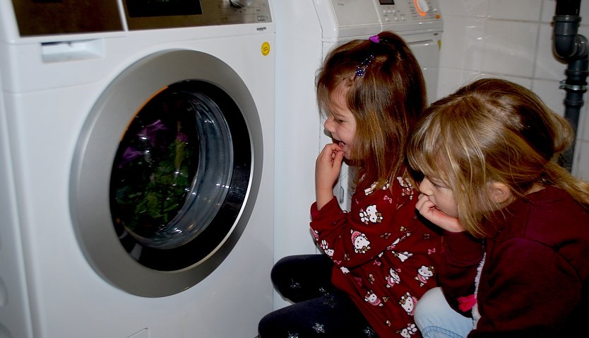 Ella und Juna beobachten, wie sich das Wasser in der Waschmaschine verteilt (Foto: K. Milde)