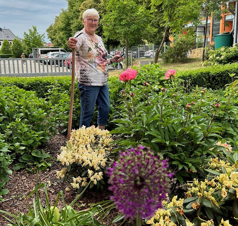 Ursula Fransen liebt das Grün und Blumen vor dem Haus. Das Gärtnern und die Bewegung an frischer Luft hielten sie fit und gesund, ist die 83-Jährige überzeugt. (Foto: Daniel Schneider)