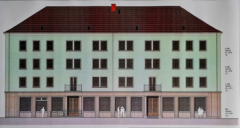 So soll die Variante mit den französischen Fenstern am Gebäude Poststraße 2 in Nordhausen aussehen. (Foto: Visualisierung: Architekt Tobias Winkler)