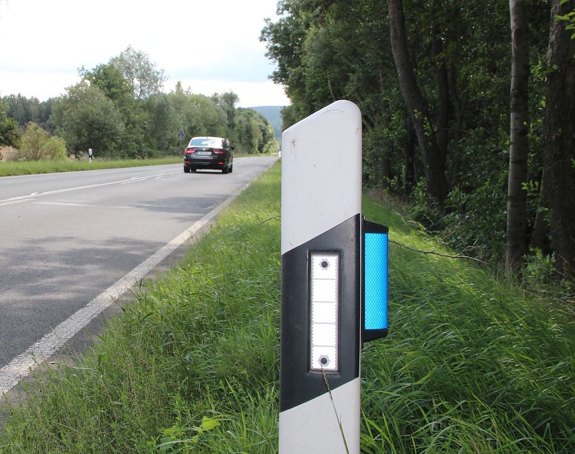 Zusätzliche blaue Reflektoren an den straßenbegleitenden Leitpfosten (re.) werfen durch das Scheinwerferlicht vorbeifahrender Fahrzeuge bei Dämmerung und Dunkelheit Lichtsignale an den Waldrand, um damit das Wild zu vergrämen  ihre Wirkung ist wissenschaftlich umstritten (Foto: Dr. Horst Sproßmann)