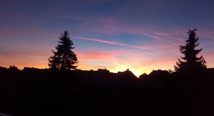 Sonnenuntergang mit Flugzeug-Kondensstreifen über Nordhausen (Foto: Rosalinde Frank)