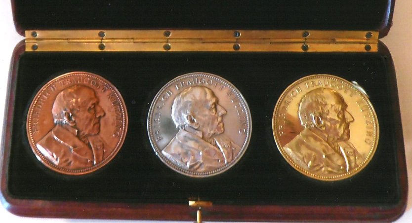 Kästchen mit den drei Bildnis-Medaillen Kützings von 1887 (Foto: Heidelore Kneffel)