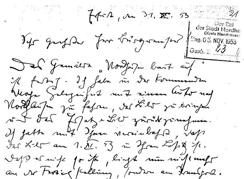 Handschriftlicher Brief Knöpfers an den Bürgermeister Nordhausens, Akte Stadtarchiv (Foto: Heidelore Kneffel)