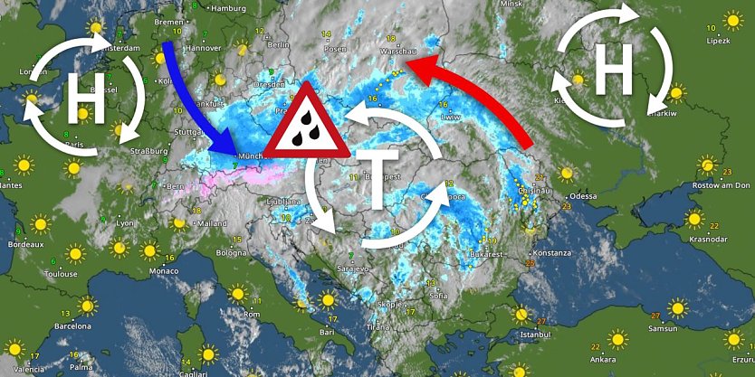 Tief ANETT hat in unseren Nachbarländern gewaltige Wassermassen und zerstörerische Hochwasser gebracht. Hauptursache dafür war zum einen die Großwetterlage, denn das Tief wurde blockiert, zum anderen das warme Mittelmeer (Foto: Wetteronline)