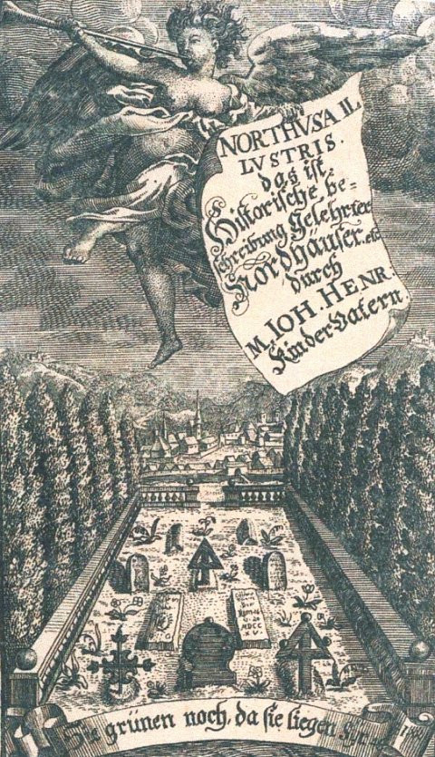 Frontispiz aus dem historischen Buch J. H. Kindervaters NORDHUSA ILLUSTRIS von 1715 im Stadtarchiv, Repro Stadtarchiv (Foto: H.Kneffel)