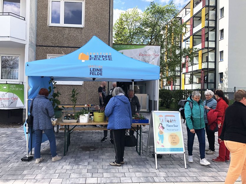 Pflanzentauschbasar vor dem Stadtteilb&uuml;ro (Foto: Stadtteilb&uuml;ro Leinefelde S&uuml;dstadt)