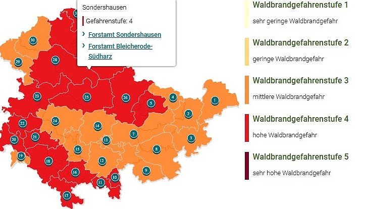 Waldbrandgefahrenstufenkarte mit Waldbrandgefahrenindex (Foto: Th&uuml;ringenForst)