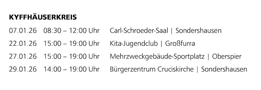 Blutspendetermine für den Kyffhäuserkreis (Ausschnitt) (Foto: Blutspendezentrale Nordhausen) Blutspendetermine für den Kyffhäuserkreis (Ausschnitt) (Foto: Blutspendezentrale Nordhausen)