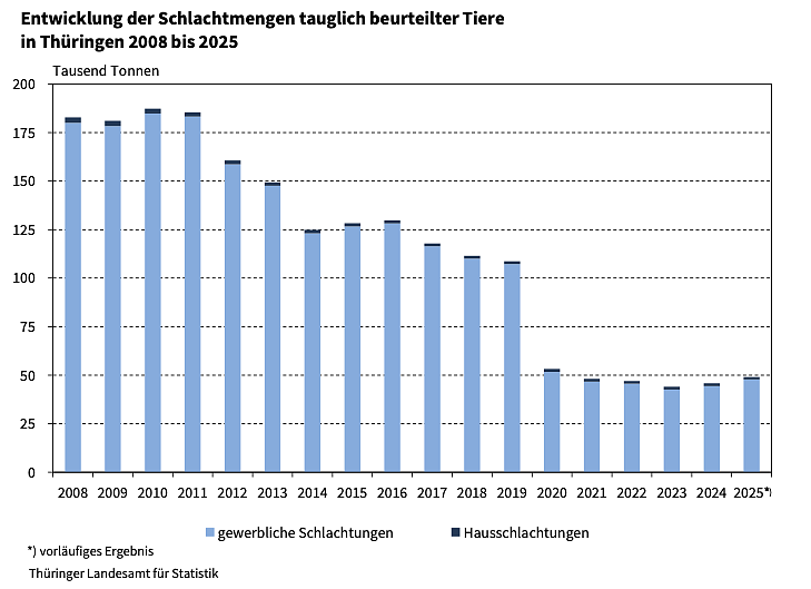 Statistische Entwicklung der Schlachtmengen 2008 bis 2025 (Foto: Landesamt Statistik)