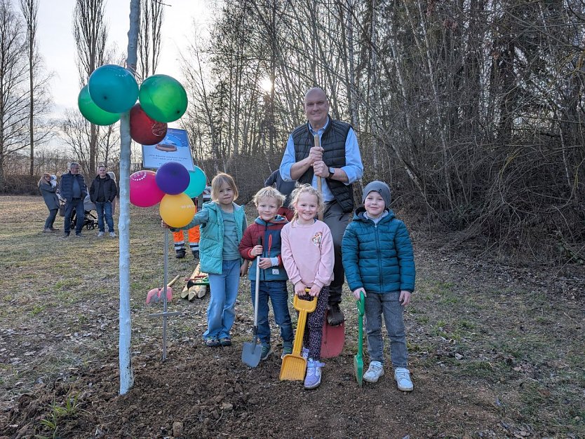 Beim Einpflanzen der B&auml;ume erhielt B&uuml;rgermeister Steffen Grimm tatkr&auml;ftige Unterst&uuml;tzung durch die Geschwister der Neugeborenen.   (Foto: Janine Skara)