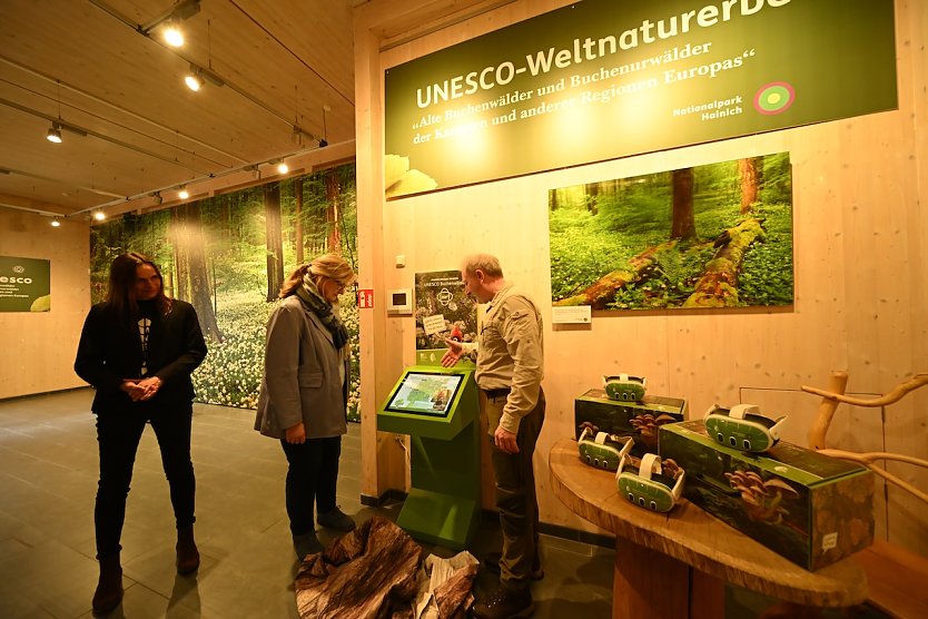 Umweltstaatssekret&auml;rin Karin Arndt (Mitte), Bund-L&auml;nder-Lenkungsgruppenvorsitzende Stefanie Carl (links) und Nationalparkleiter R&uuml;diger Biehl enth&uuml;llen das VR-Modul im Nationalparkzentrum. Rechts sind die VR-Brillen zu sehen (Foto: Thomas Stephan)